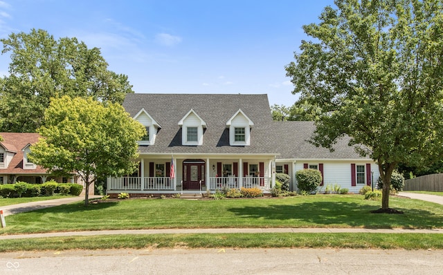 7341 Campfire Run, Indianapolis, IN 46236 - cape cod-style house with covered porch, a front yard, and roof with shingles