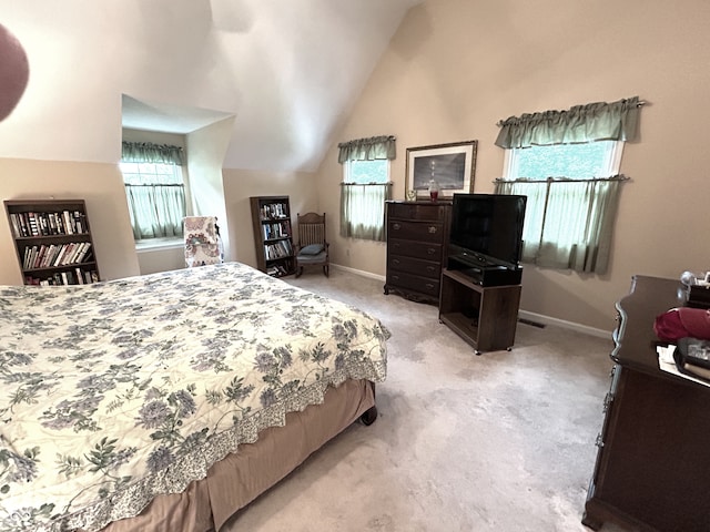 7341 Campfire Run, Indianapolis, IN 46236 - bedroom featuring light colored carpet, lofted ceiling, and baseboards