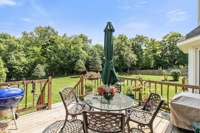 7341 Campfire Run, Indianapolis, IN 46236 - wooden deck with outdoor dining space, grilling area, and view of wooded area