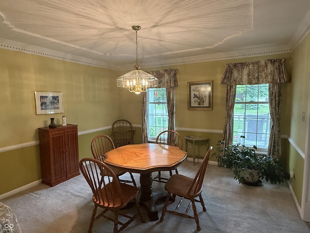 7341 Campfire Run, Indianapolis, IN 46236 - carpeted dining area featuring a chandelier, baseboards, and ornamental molding