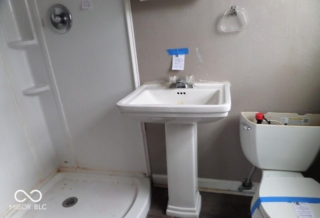 full bathroom featuring toilet, a shower stall, and a sink