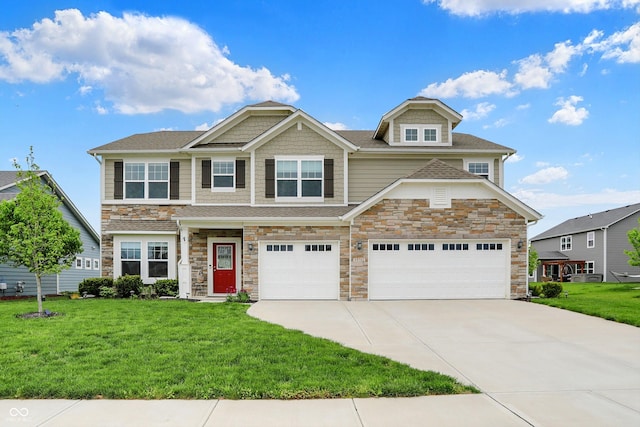 15752 Matthews Ln, Noblesville, IN 46060 - craftsman house with an attached garage, a front yard, stone siding, and concrete driveway