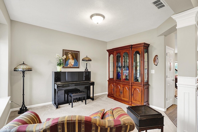 15752 Matthews Ln, Noblesville, IN 46060 - living area featuring a textured ceiling, visible vents, baseboards, carpet flooring, and ornate columns