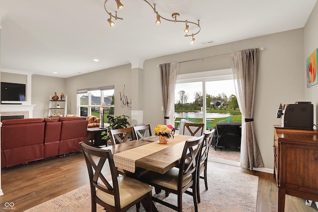 15752 Matthews Ln, Noblesville, IN 46060 - dining space with visible vents, a tile fireplace, light wood-style floors, a water view, and recessed lighting