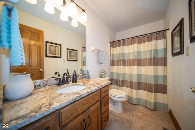 7732 Ashtree Dr, Indianapolis, IN 46259 - bathroom with tile patterned floors, toilet, curtained shower, and vanity