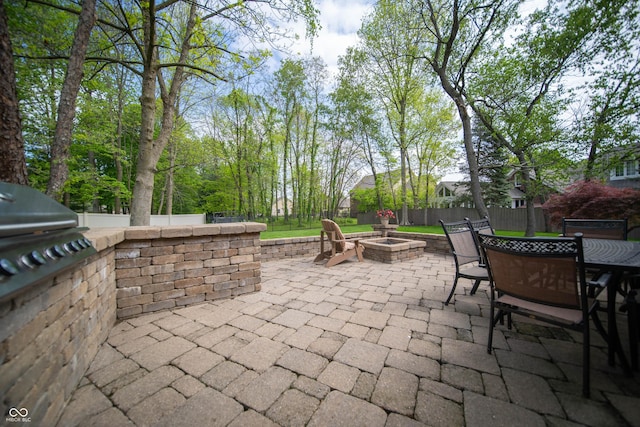 7732 Ashtree Dr, Indianapolis, IN 46259 - view of patio with area for grilling, a grill, outdoor dining space, a fenced backyard, and an outdoor fire pit
