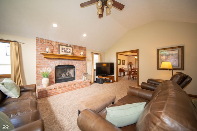 7732 Ashtree Dr, Indianapolis, IN 46259 - living room with lofted ceiling, carpet, recessed lighting, ceiling fan, and a brick fireplace