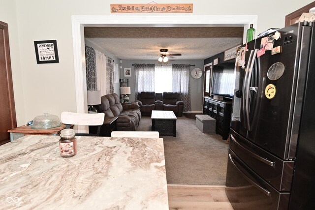3041 S Kercheval St, Indianapolis, IN 46239 - living room with a textured ceiling, light wood-type flooring, a ceiling fan, and light colored carpet