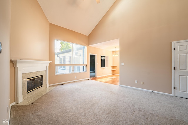11229 Echo Ridge Ln, Indianapolis, IN 46236 - unfurnished living room featuring high vaulted ceiling, carpet flooring, a premium fireplace, a chandelier, and ceiling fan