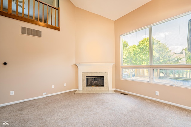 11229 Echo Ridge Ln, Indianapolis, IN 46236 - unfurnished living room with a fireplace, carpet, and lofted ceiling