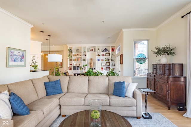 living area featuring ornamental molding and light wood-style flooring