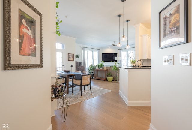 dining space with baseboards, crown molding, and light wood-style flooring