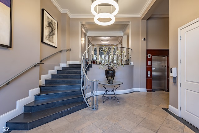 staircase featuring elevator, ornamental molding, and baseboards