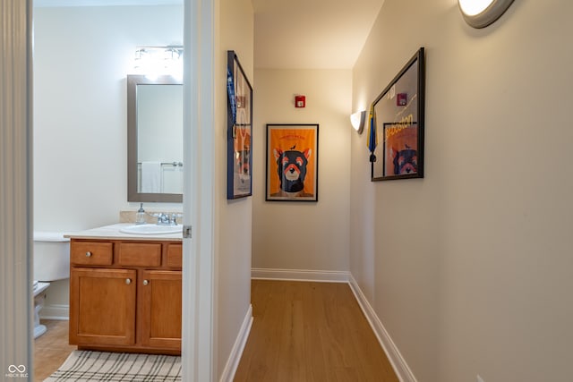 hall with baseboards, a sink, and light wood finished floors