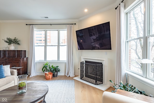 living room with visible vents, wood finished floors, a fireplace with raised hearth, and ornamental molding