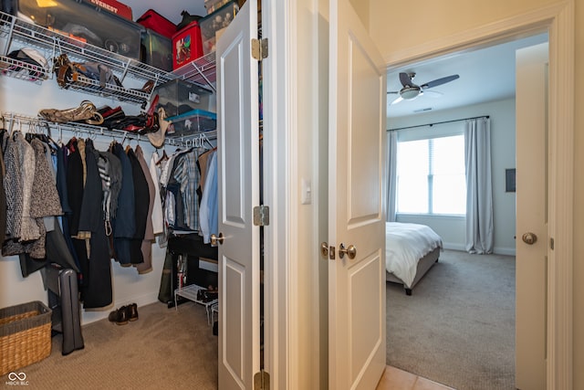 spacious closet with carpet floors and a ceiling fan