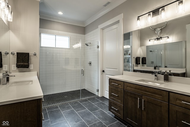12099 Sigillary Way, Carmel, IN 46032 - bathroom featuring a shower stall, vanity, crown molding, recessed lighting, and tile patterned flooring