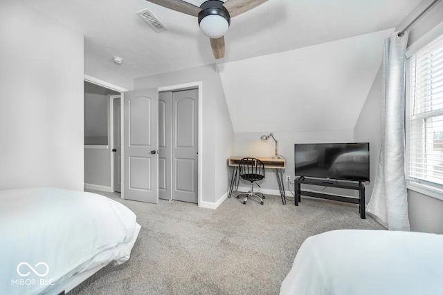 1444 English Ave, Indianapolis, IN 46201 - bedroom with baseboards, vaulted ceiling, a ceiling fan, carpet floors, and visible vents