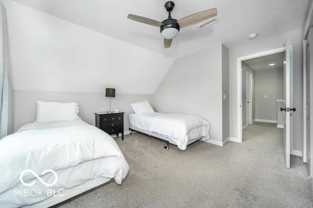 1444 English Ave, Indianapolis, IN 46201 - bedroom with carpet, a ceiling fan, visible vents, lofted ceiling, and baseboards