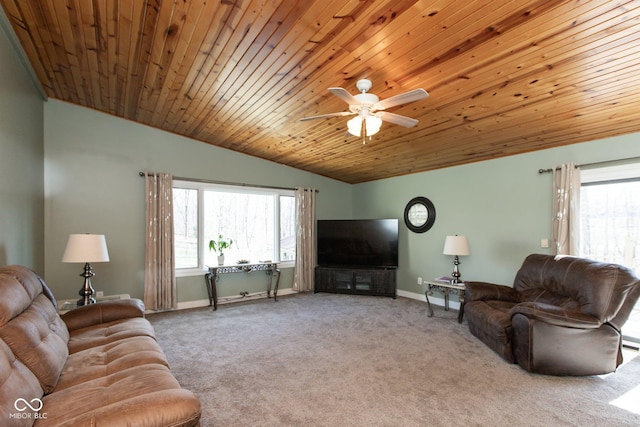 251 Howard Rd, Greenwood, IN 46142 - living area with baseboards, ceiling fan, lofted ceiling, carpet floors, and wood ceiling
