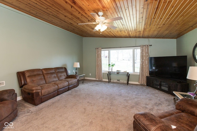 251 Howard Rd, Greenwood, IN 46142 - carpeted living room featuring a ceiling fan, wooden ceiling, baseboards, and vaulted ceiling