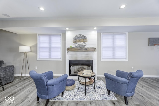living area featuring baseboards, a fireplace, wood finished floors, and a healthy amount of sunlight