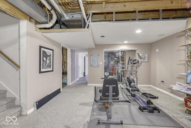 workout room featuring baseboards, carpet flooring, and recessed lighting
