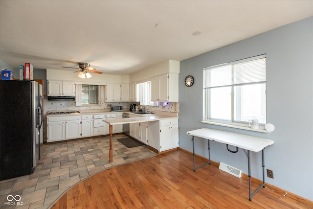 817 Shadowlawn Ave, Greencastle, IN 46135 - kitchen with under cabinet range hood, tasteful backsplash, ceiling fan, and appliances with stainless steel finishes