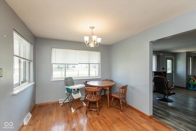 817 Shadowlawn Ave, Greencastle, IN 46135 - dining area with baseboards, an inviting chandelier, wood-type flooring, and visible vents