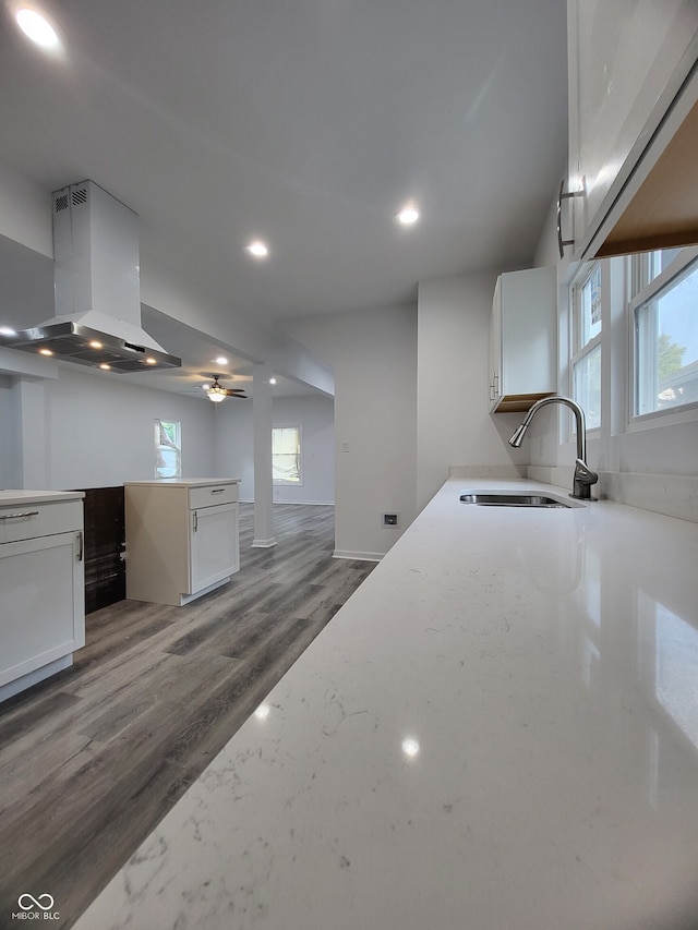 kitchen with ventilation hood, a sink, a healthy amount of sunlight, and light stone counters