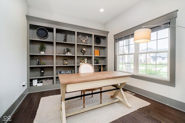 office space with dark wood-type flooring, visible vents, baseboards, and recessed lighting
