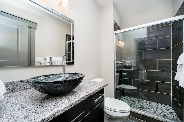 bathroom with vanity, a shower stall, and toilet