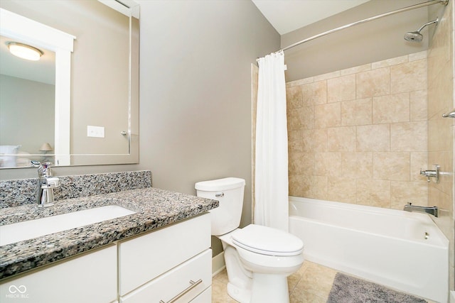 full bath featuring toilet, tile patterned floors, vanity, and shower / tub combo with curtain