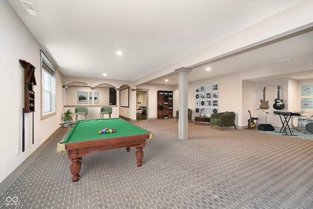 recreation room featuring billiards, carpet, recessed lighting, and ornate columns