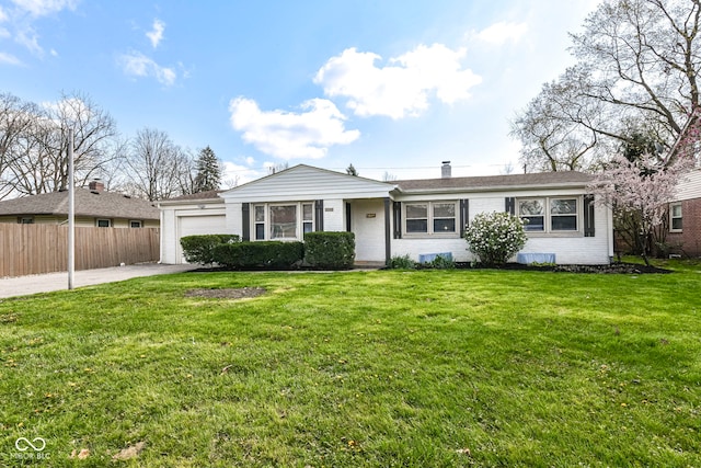 ranch-style house featuring concrete driveway, a front yard, brick siding, a garage, and fence