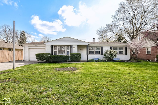 ranch-style house featuring a front yard, an attached garage, a chimney, fence, and concrete driveway