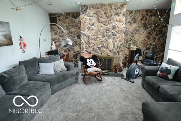 living area featuring carpet flooring