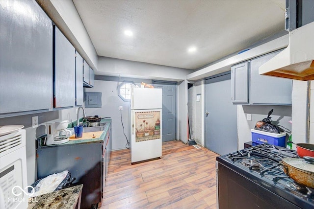 215 S Warman Ave, Indianapolis, IN 46222 - kitchen featuring light wood-style flooring, light countertops, freestanding refrigerator, black gas range, and a sink