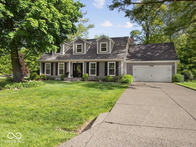 6820 W Forest Brook Dr, Fountaintown, IN 46130 - cape cod-style house with an attached garage, concrete driveway, a front yard, and a chimney