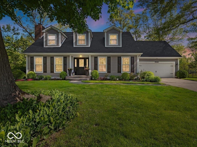 6820 W Forest Brook Dr, Fountaintown, IN 46130 - new england style home with concrete driveway, an attached garage, a chimney, and a front lawn