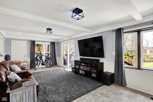 6820 W Forest Brook Dr, Fountaintown, IN 46130 - living area with beamed ceiling, wainscoting, and recessed lighting