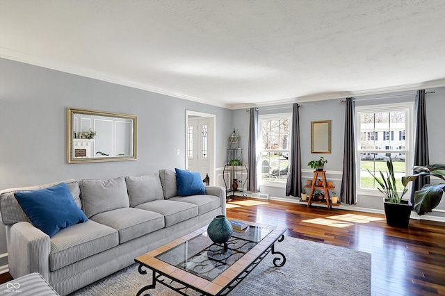6820 W Forest Brook Dr, Fountaintown, IN 46130 - living room featuring hardwood / wood-style floors, ornamental molding, and baseboards