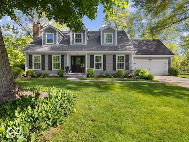6820 W Forest Brook Dr, Fountaintown, IN 46130 - cape cod-style house featuring driveway, a garage, a front yard, and a chimney