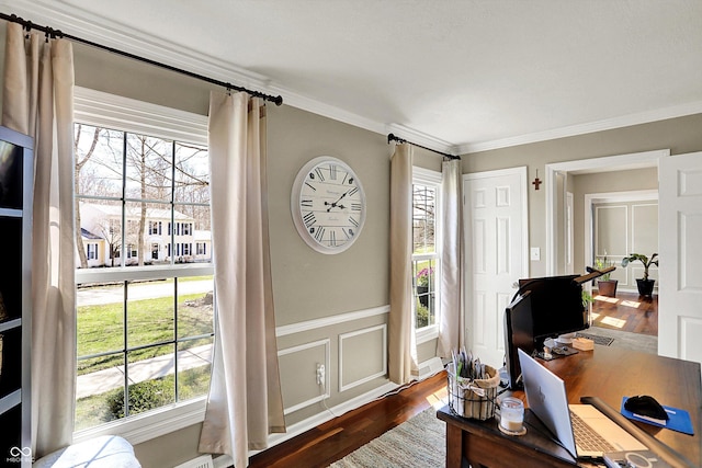 6820 W Forest Brook Dr, Fountaintown, IN 46130 - office with dark wood finished floors, plenty of natural light, crown molding, wainscoting, and a decorative wall