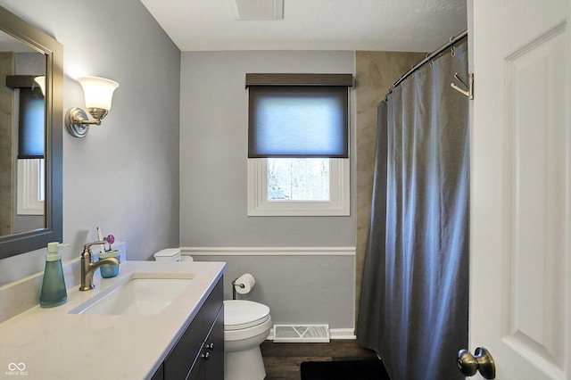 6820 W Forest Brook Dr, Fountaintown, IN 46130 - full bathroom with toilet, vanity, baseboards, wood finished floors, and a shower with shower curtain