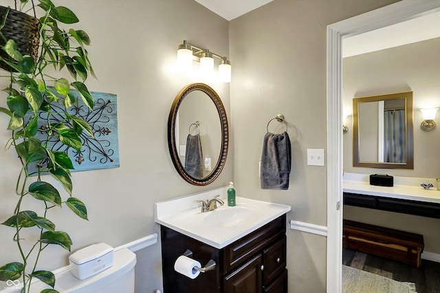 6820 W Forest Brook Dr, Fountaintown, IN 46130 - bathroom featuring vanity, toilet, and wood finished floors