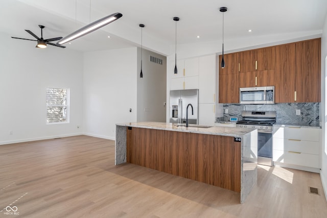 2362 English Ave, Indianapolis, IN 46201 - kitchen featuring stainless steel appliances, a sink, ceiling fan, visible vents, and brown cabinets
