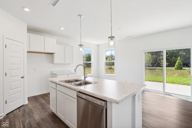 kitchen with white cabinetry, a sink, pendant lighting, dark wood-style floors, and stainless steel dishwasher