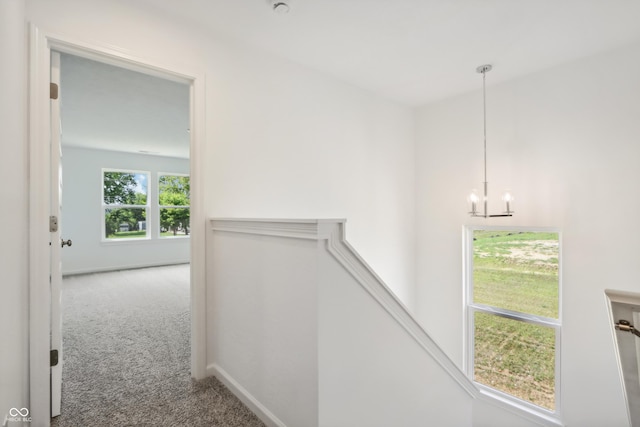 hall featuring baseboards, a notable chandelier, and carpet flooring