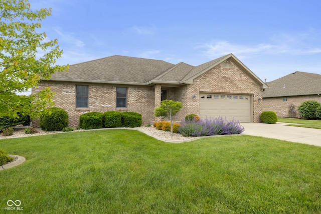 1864 Holiday Pines Dr, Brownsburg, IN 46112 - view of front of property with an attached garage, concrete driveway, brick siding, a front yard, and a shingled roof